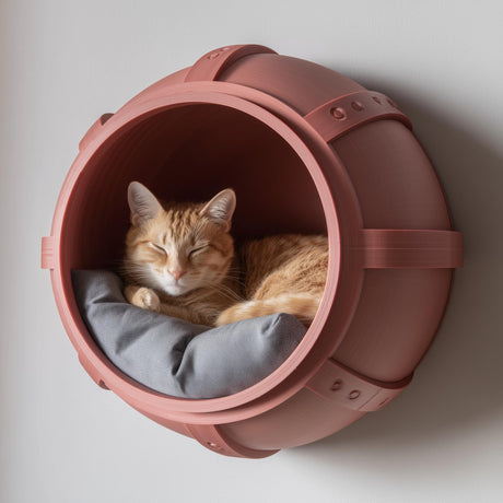 3D printed barrel wall cat bed with rounded enclosed floating cave