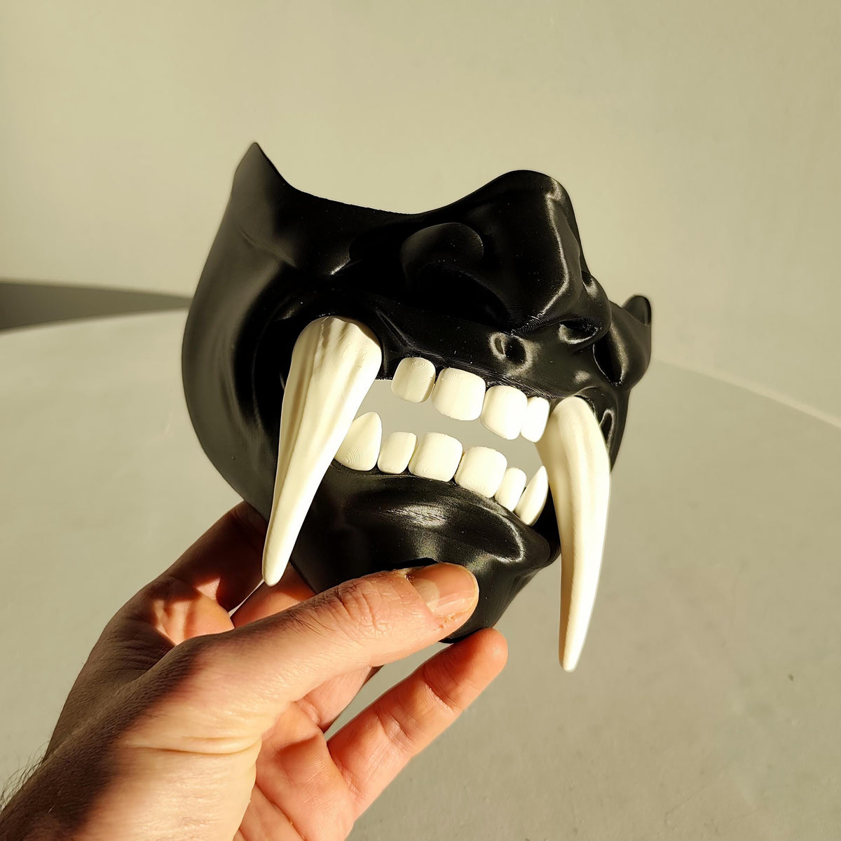 Additional product presentation of 3D Printed Two-Color Oni Half Face Mask.