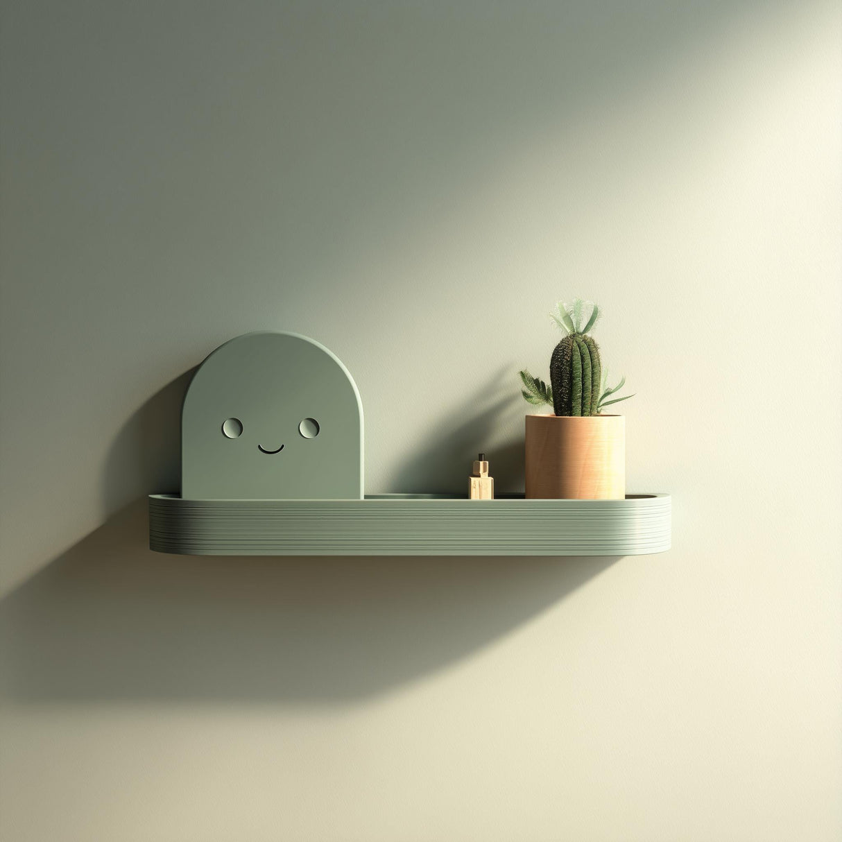 3D printed minimalist wall shelf with a cute smiling character back panel and rounded shelf form.
