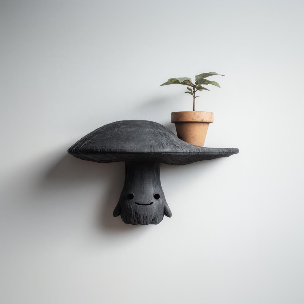 Product gallery view of 3D Printed Mushroom Character Wall Shelf.