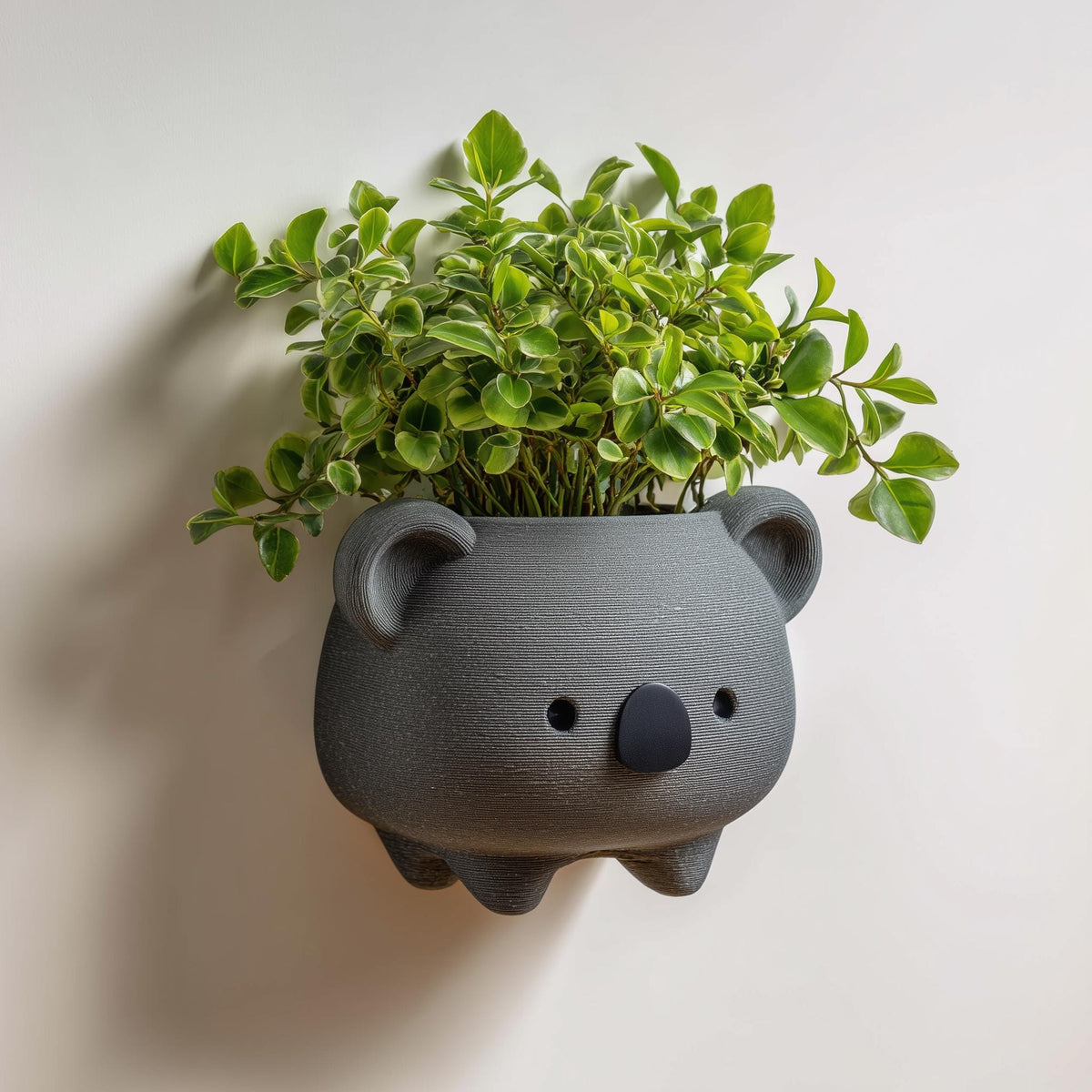 3D printed koala wall planter with rounded animal face and top plant cavity