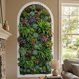 Vertical arched wall decal featuring a dense arrangement of realistic succulents and ferns.