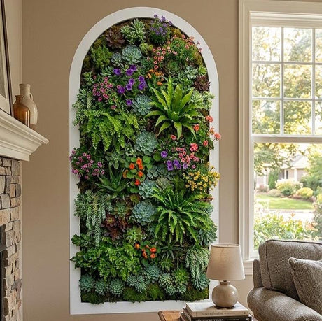 Vertical arched wall decal featuring a dense arrangement of realistic succulents and ferns.