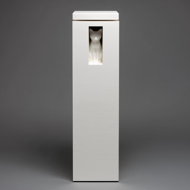 3D printed cat window tower memorial urn with recessed cat figure and fitted lid