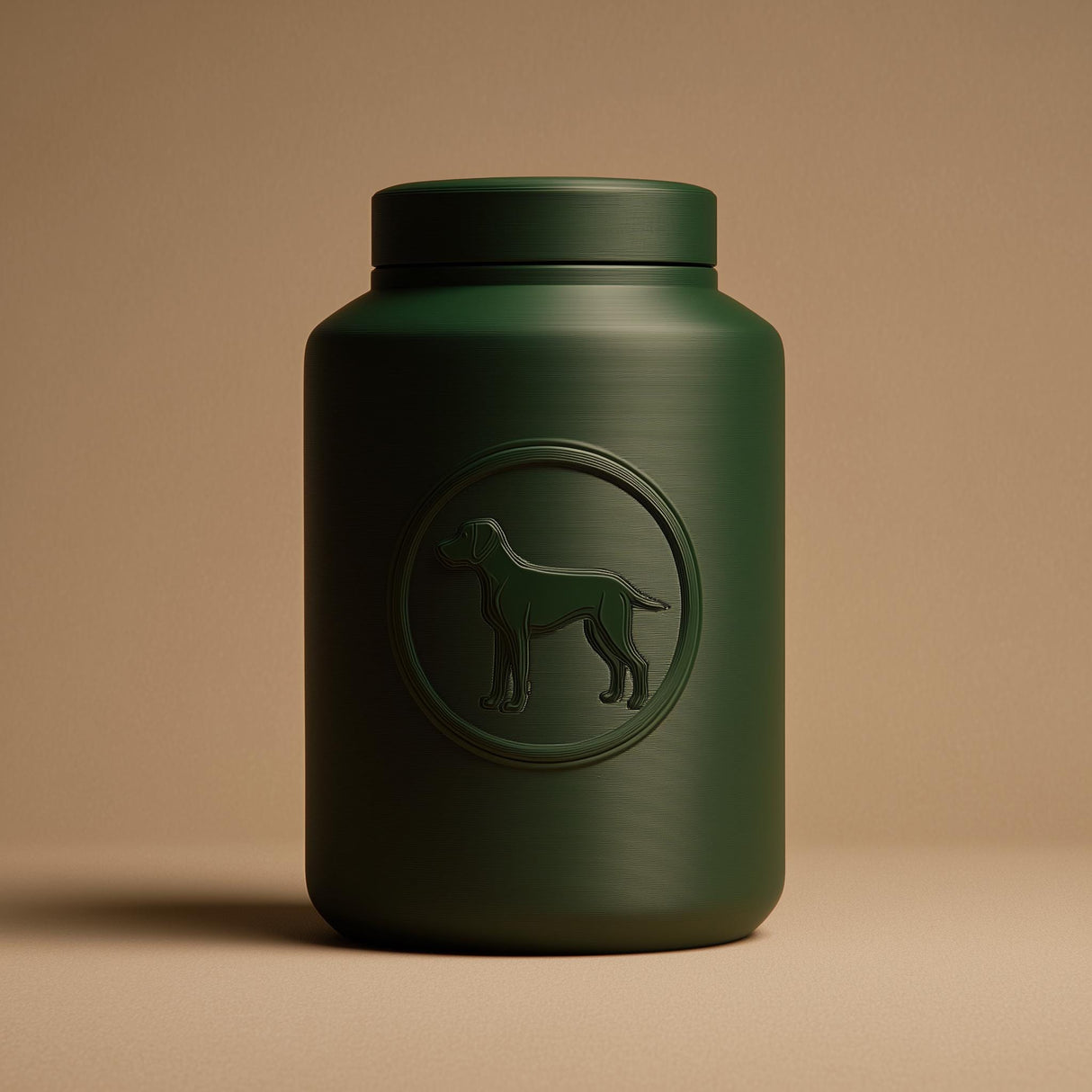 3D printed cylindrical dog memorial urn with raised dog emblem and fitted lid