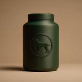 3D printed cylindrical dog memorial urn with raised dog emblem and fitted lid