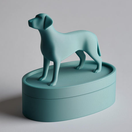 3D printed oval pet ashes urn with a standing dog figurine on the lid.
