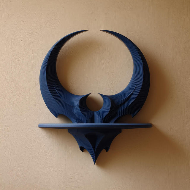 3D printed horned crescent moon wall shelf with slim gothic display ledge