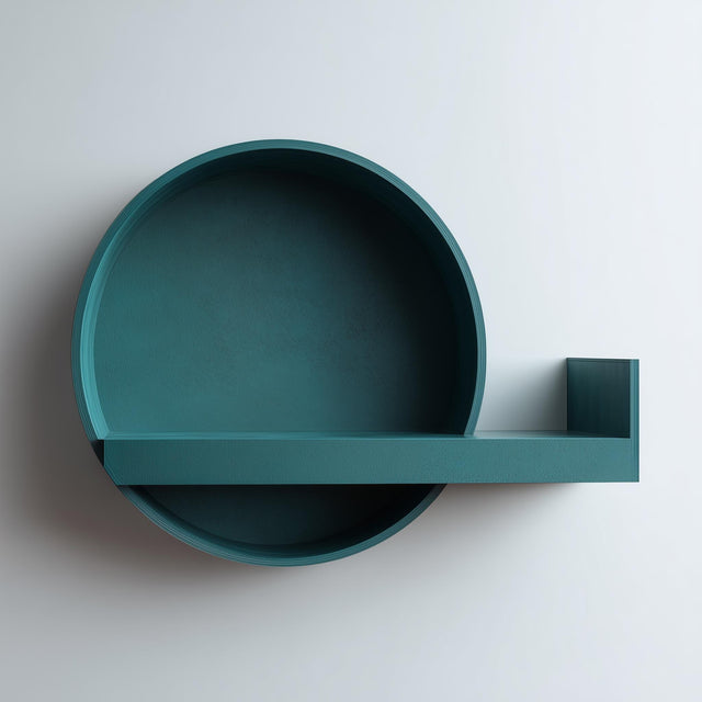 3D printed round wall shelf with a circular tray backplate and a slim floating ledge featuring a small side stopper.