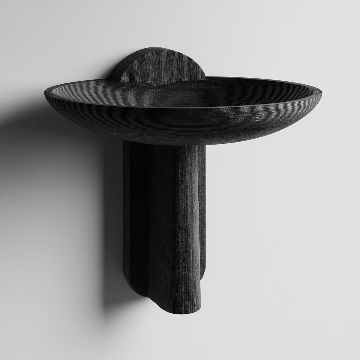 3D printed minimal bowl wall shelf with shallow catchall tray and vertical support