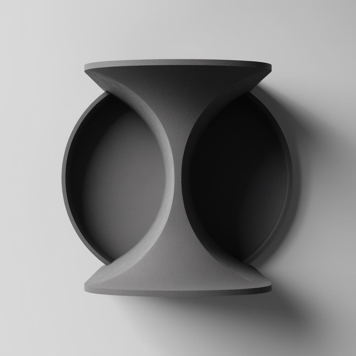 3D printed dual-circle wall shelf with two recessed trays and hourglass center