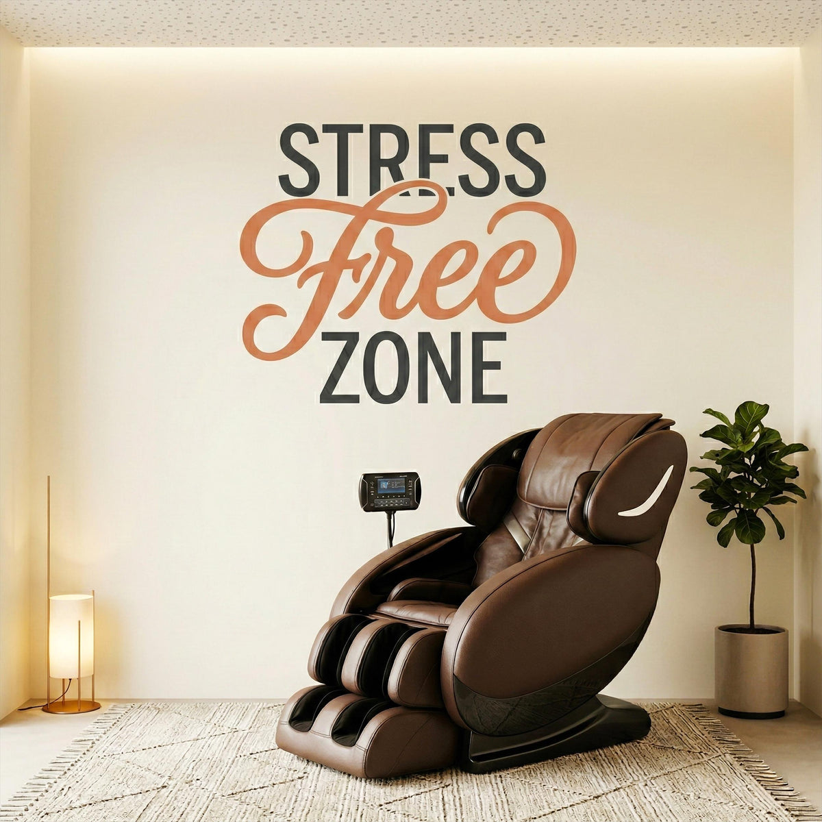 A wall decal that reads STRESS Free ZONE.