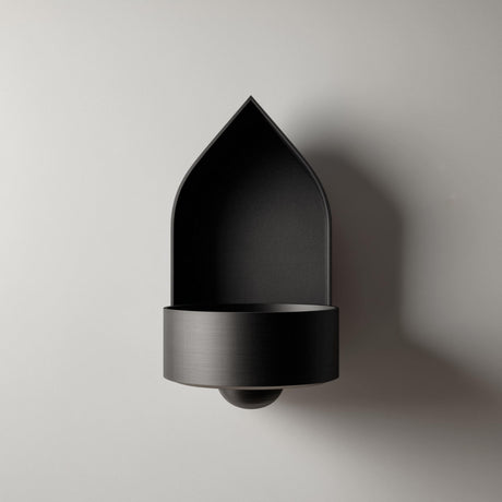 3D printed arched wall mounted shelf with a pointed backplate and a small integrated bowl tray.