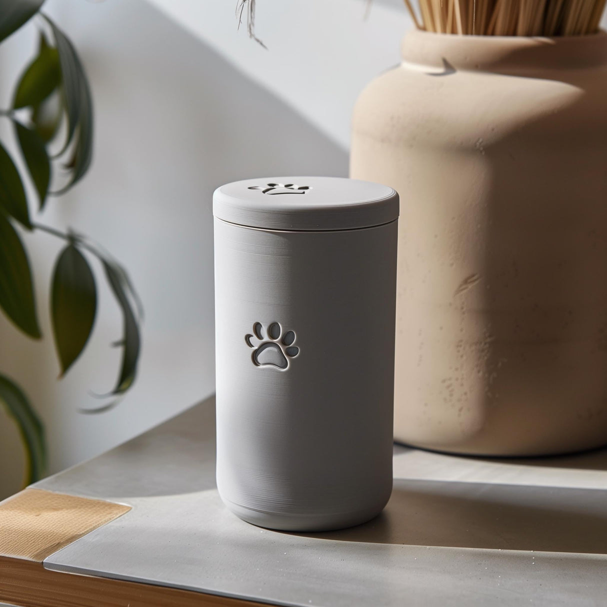 3D printed minimalist cylindrical pet ashes urn with a raised paw print emblem and fitted lid.