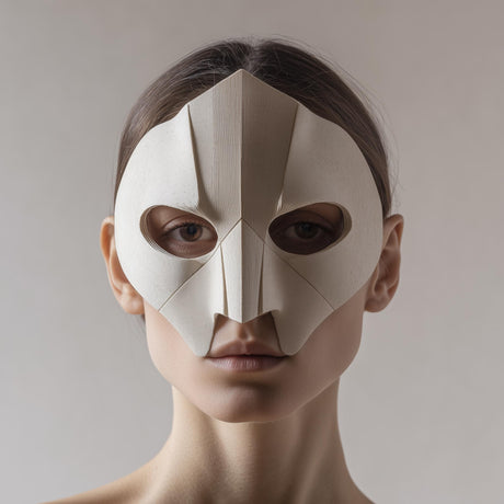 3D printed geometric half face mask with sharp faceted planes and almond eye openings