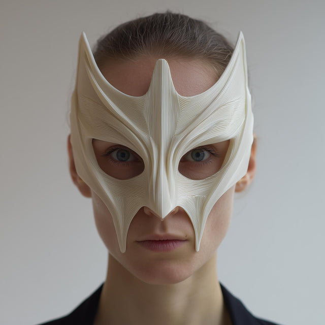 3D printed horned futuristic cosplay mask with sweeping crest forms and open eye cutouts