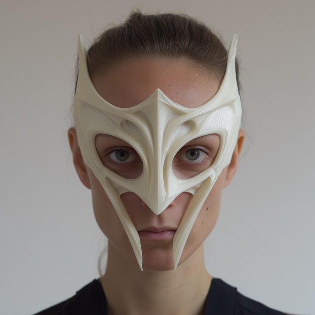 3D printed fantasy sculptural face mask with winged horn tips and elongated fang-like cheek points and open eye cutouts.