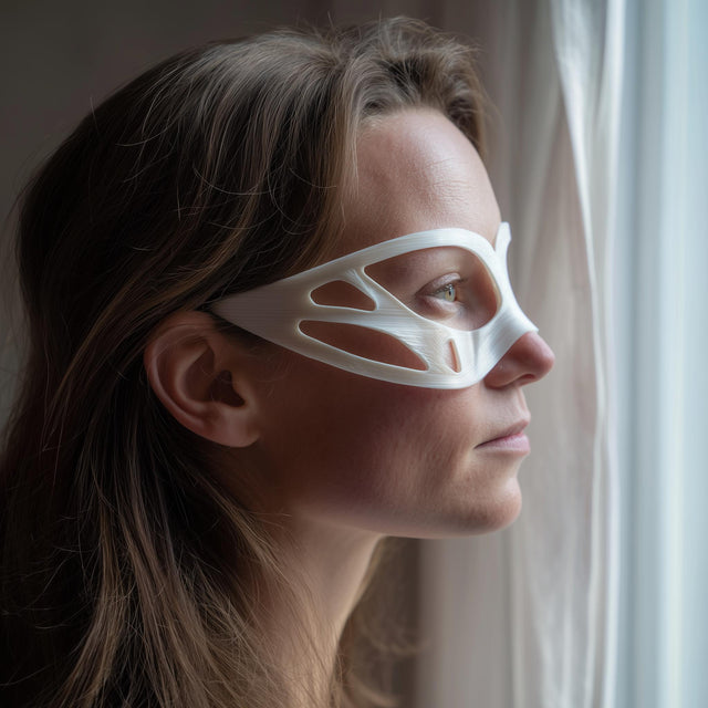 3D printed minimal contour eye mask with flowing side panels and open cutouts