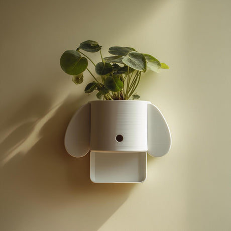 3D printed dog-shaped wall planter with an upper plant cavity and lower mini shelf.