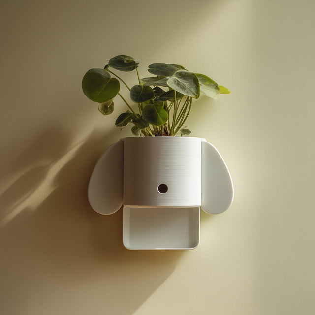 3D printed dog-shaped wall planter with an upper plant cavity and lower mini shelf.