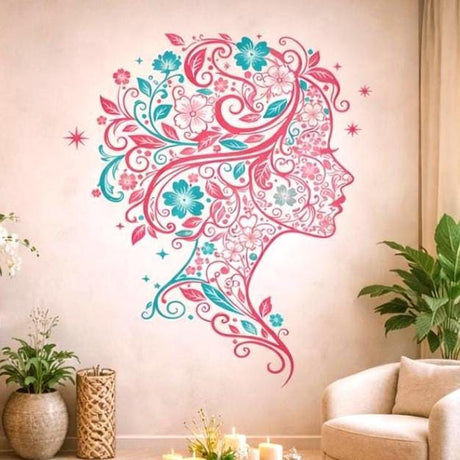 A minimalist illustration of a woman's profile facing right, created entirely from magenta and teal floral patterns.