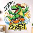 A vibrant, cartoon-style illustration of a green T-Rex dinosaur riding an orange skateboard.