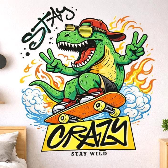 A vibrant, cartoon-style illustration of a green T-Rex dinosaur riding an orange skateboard.