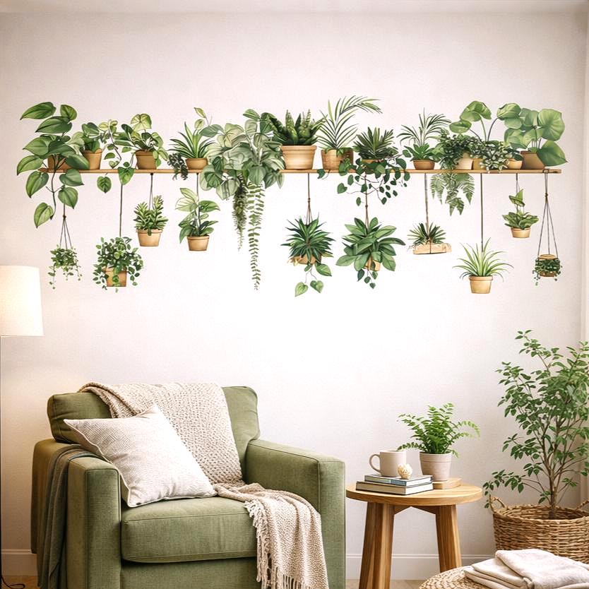 Indoor Plant Shelf Wall Decal displayed in a room setting.