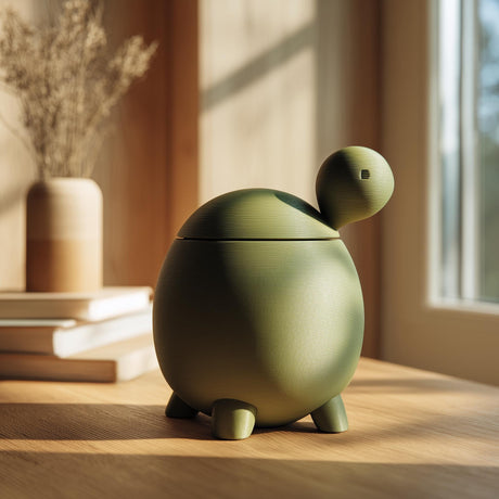 3D printed turtle-shaped pet ashes urn in matte olive green PLA with visible print texture.