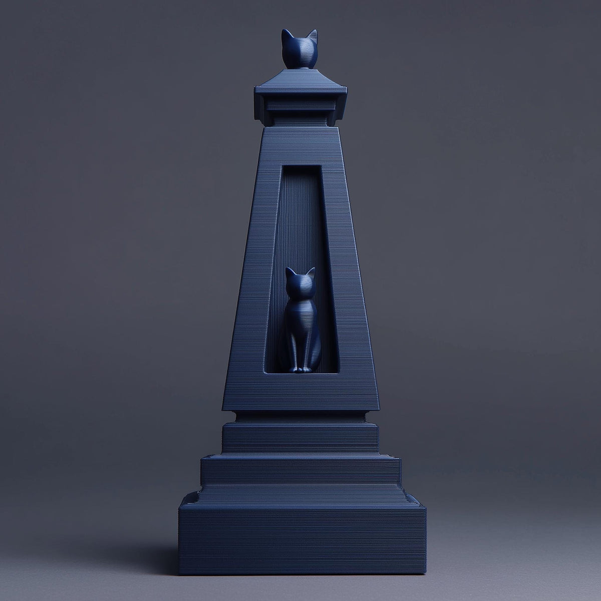 3D printed cat obelisk memorial urn with recessed cat figure and geometric form