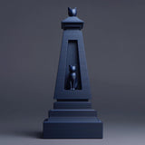 3D printed cat obelisk memorial urn with recessed cat figure and geometric form