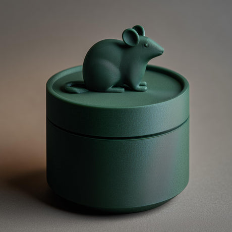 3D printed pet ashes urn with a round lidded container and a small mouse figure on top and visible print texture.