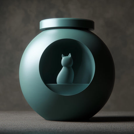 3D printed orb-shaped pet ashes urn with a circular recessed window featuring a small cat figure inside.
