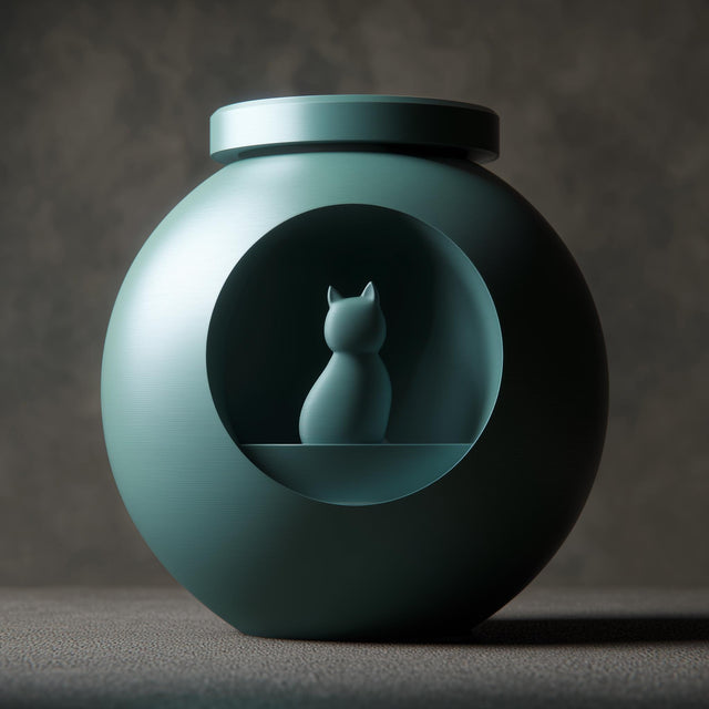 3D printed orb-shaped pet ashes urn with a circular recessed window featuring a small cat figure inside.