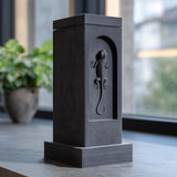 3D printed gecko tower memorial urn with arched niche, raised lizard relief and fitted lid