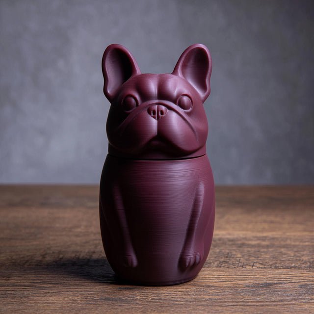 3D printed French bulldog-shaped pet ashes urn with a fitted lid seam at the neck and visible print texture.