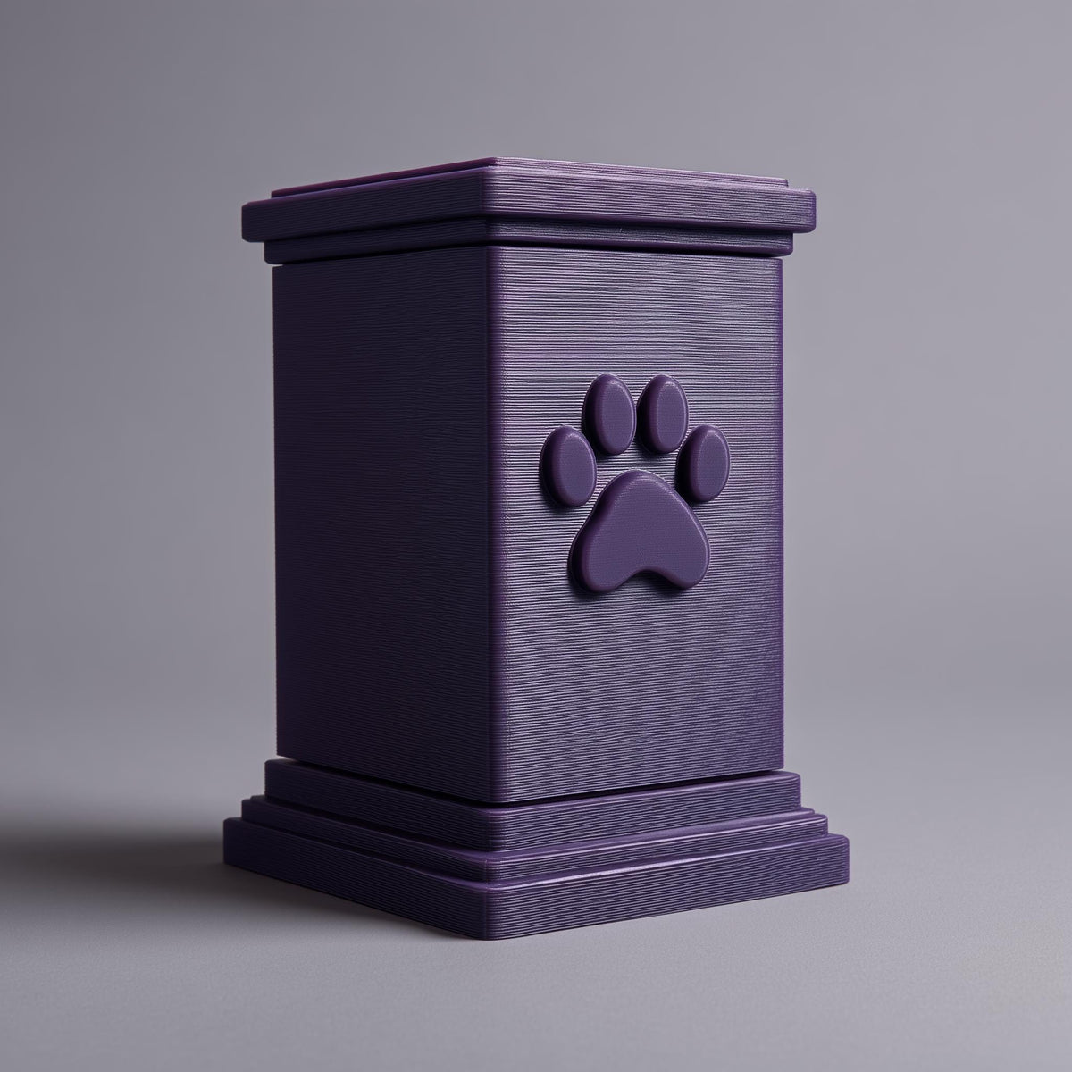 3D printed minimalist rectangular pet ashes urn with a raised paw print emblem on the front, stepped base and lid.