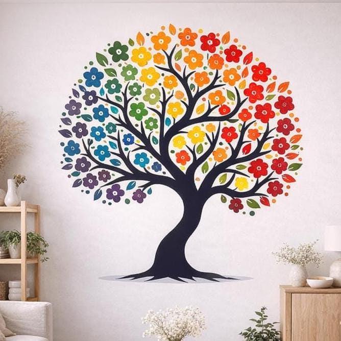 A digital illustration of a black tree silhouette on a light grey background.