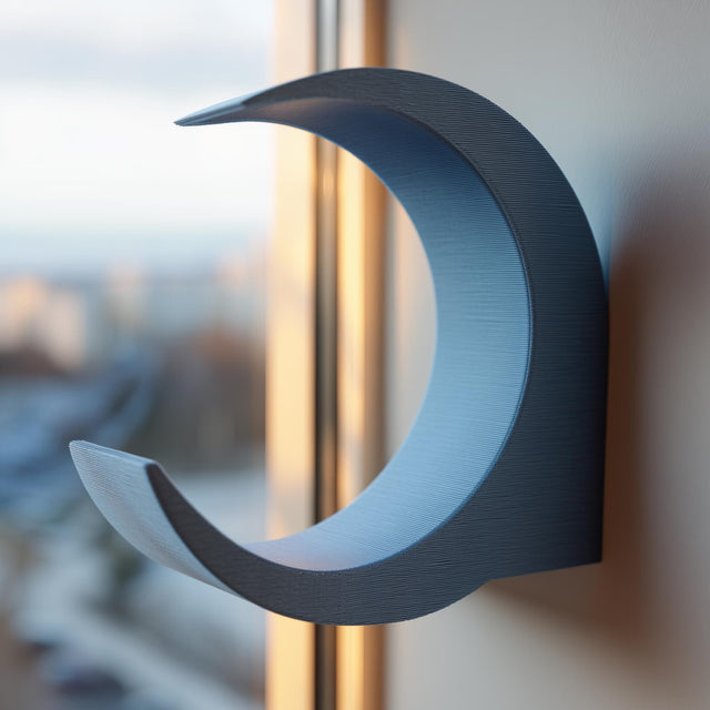 3D printed crescent moon wall shelf with curved lunar frame and compact display ledge