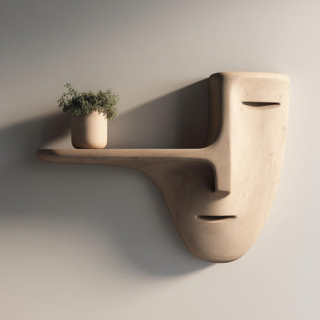 3D printed wall mounted shelf shaped like a minimalist face mask with a long nose-style floating ledge.