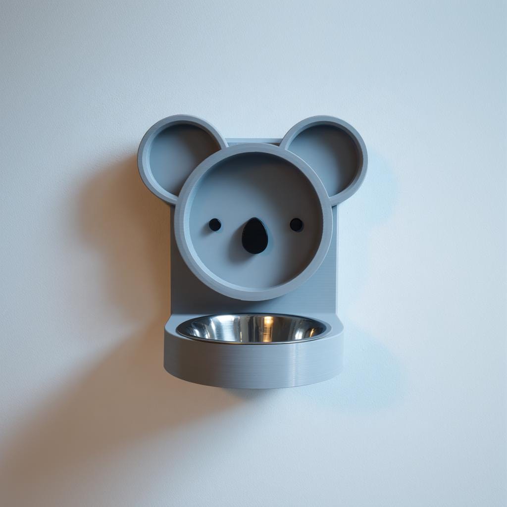Product gallery view of 3D Printed Koala Wall-Mounted Pet Bowl Holder.