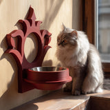 3D printed gothic wall mounted pet bowl holder with ornate frame and circular cutout for a bowl.