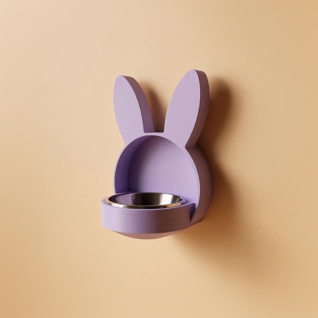 Product gallery view of 3D Printed Bunny Wall-Mounted Pet Bowl Holder.