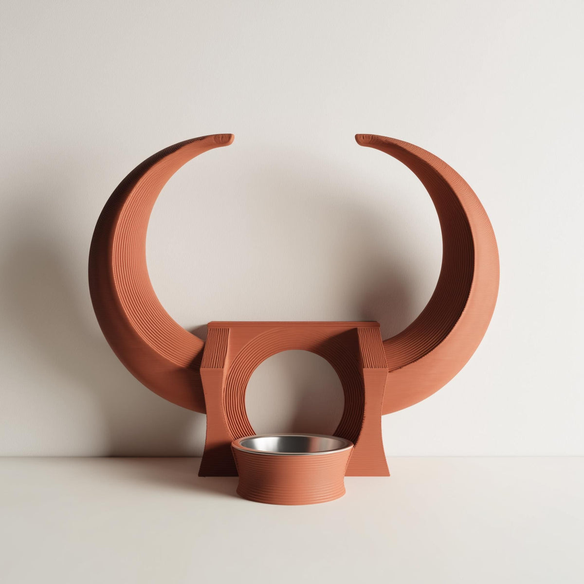 3D printed horned pet bowl stand with curved fantasy frame and circular bowl opening