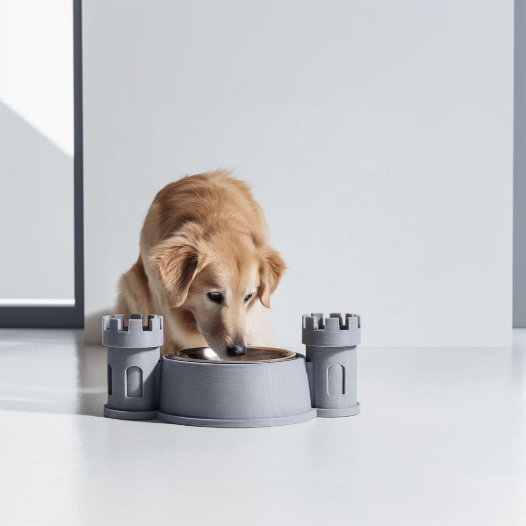 Product gallery view of 3D Printed Castle Pet Bowl Holder Stand.