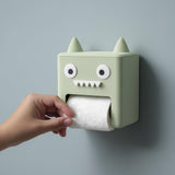 3D printed horned monster wall toilet paper holder with large eyes and teeth