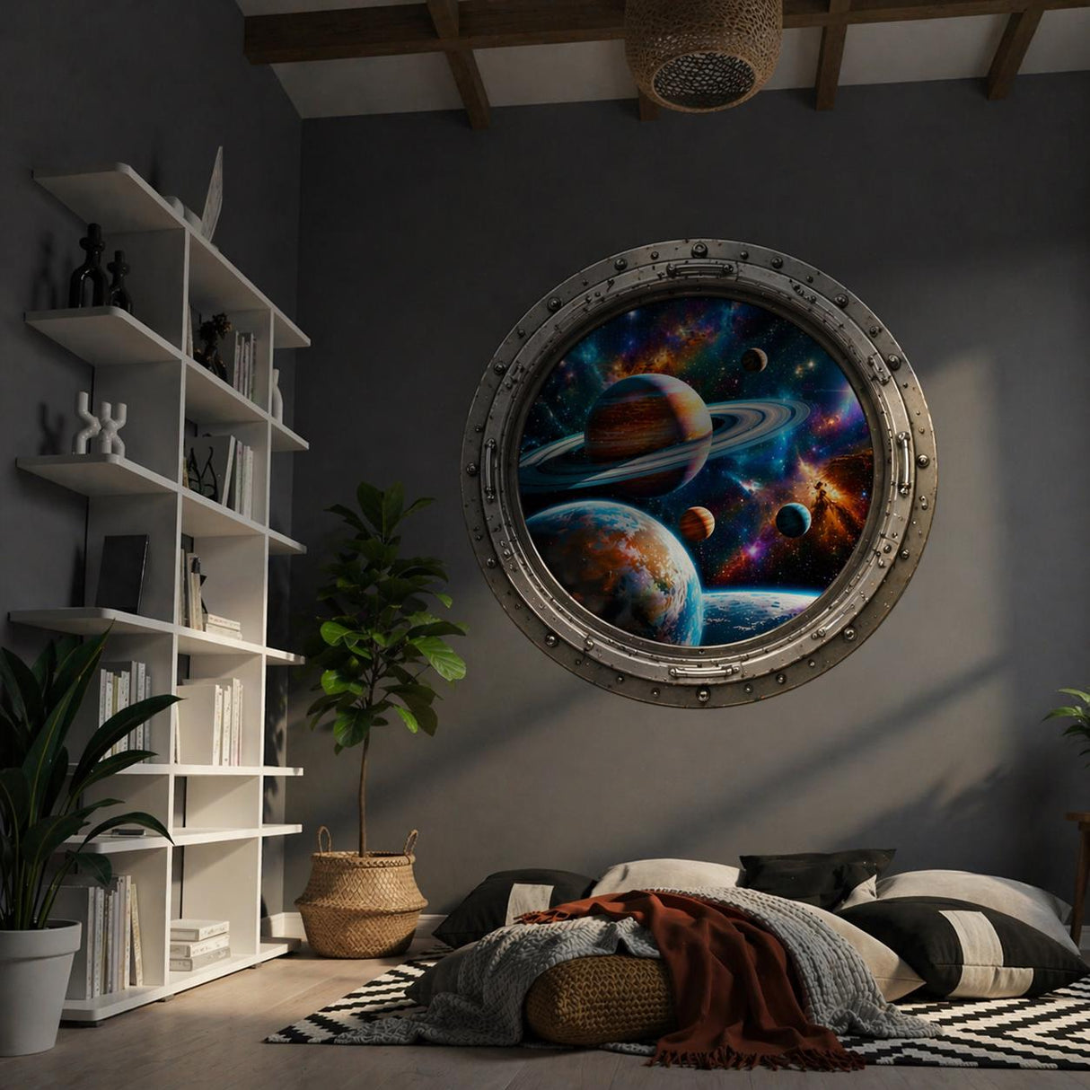 Space Porthole Wall Vinyl Decal | 3D Galaxy Planets Window Sticker | Sci Fi Spaceship Wall Art | Kids Room Teen Bedroom Decor