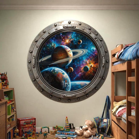 Round spaceship porthole wall vinyl decal showing a colorful galaxy scene with planets and stars.