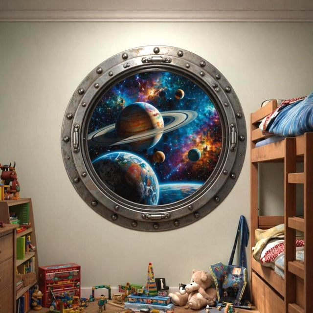 Round spaceship porthole wall vinyl decal showing a colorful galaxy scene with planets and stars.