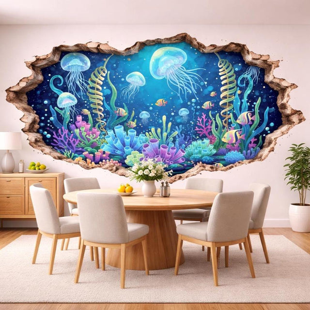 3D underwater wall vinyl decal with a broken wall illusion showing glowing jellyfish and colorful coral reef.